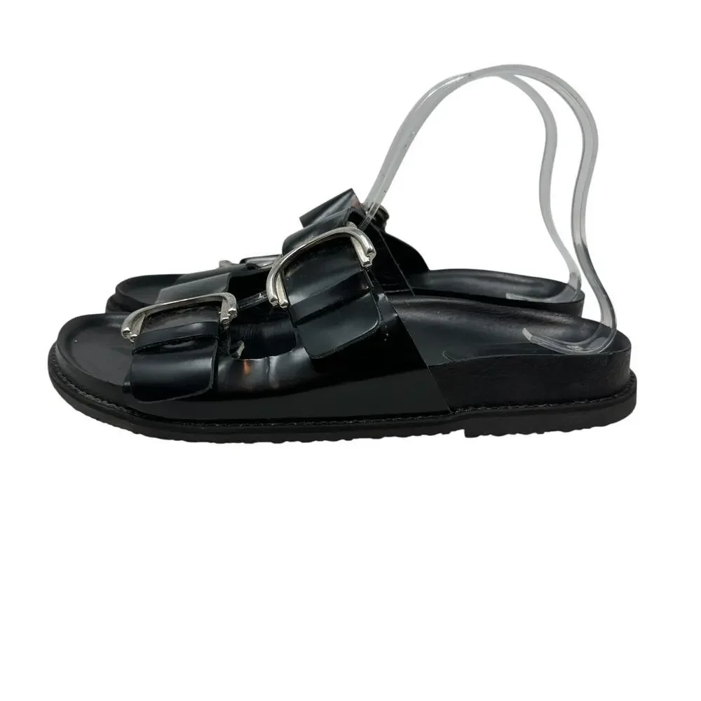 Zara Slide Sandals Buckles Double Strap Faux Leather Black Size 41 US 10 - Picture 9 of 14
